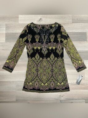 NWT INC Size S Y2K Paisley Beaded Keyhole Tunic 3/4 Sleeve Boho Indie Grunge